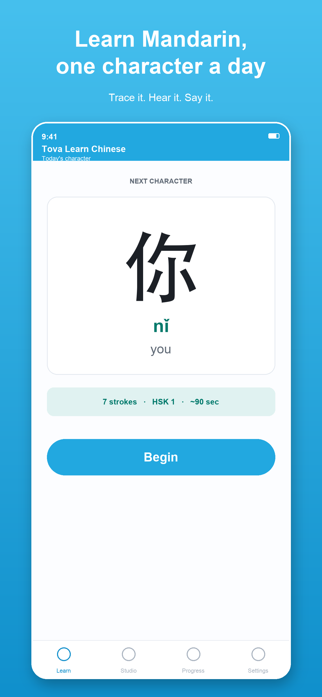 Tova Learn Chinese — today's character screen showing 你 (nǐ, you) with stroke count and HSK level