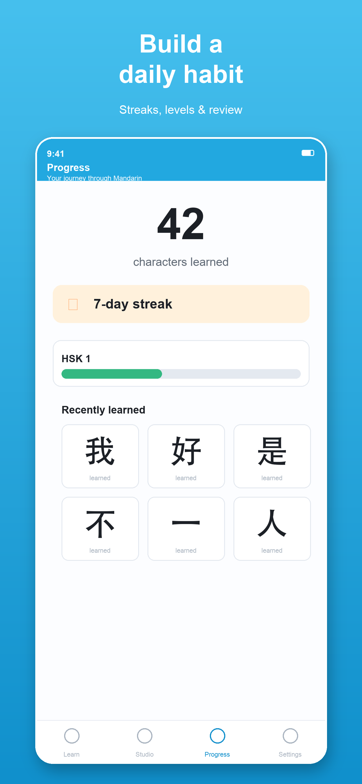 Tova Learn Chinese — daily streak and progress tracking