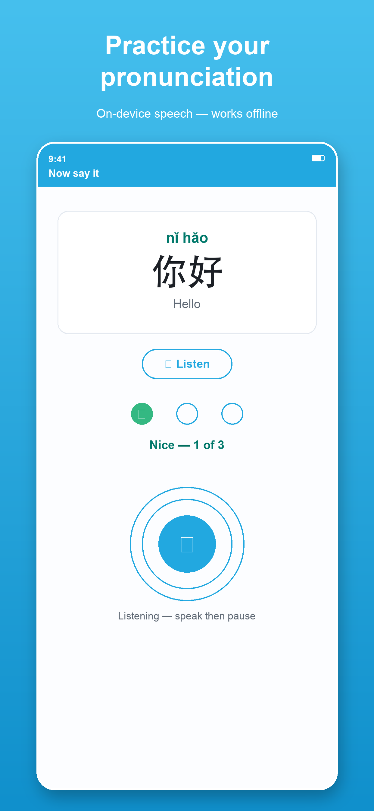 Tova Learn Chinese — speak the phrase aloud, scored on-device by Whisper