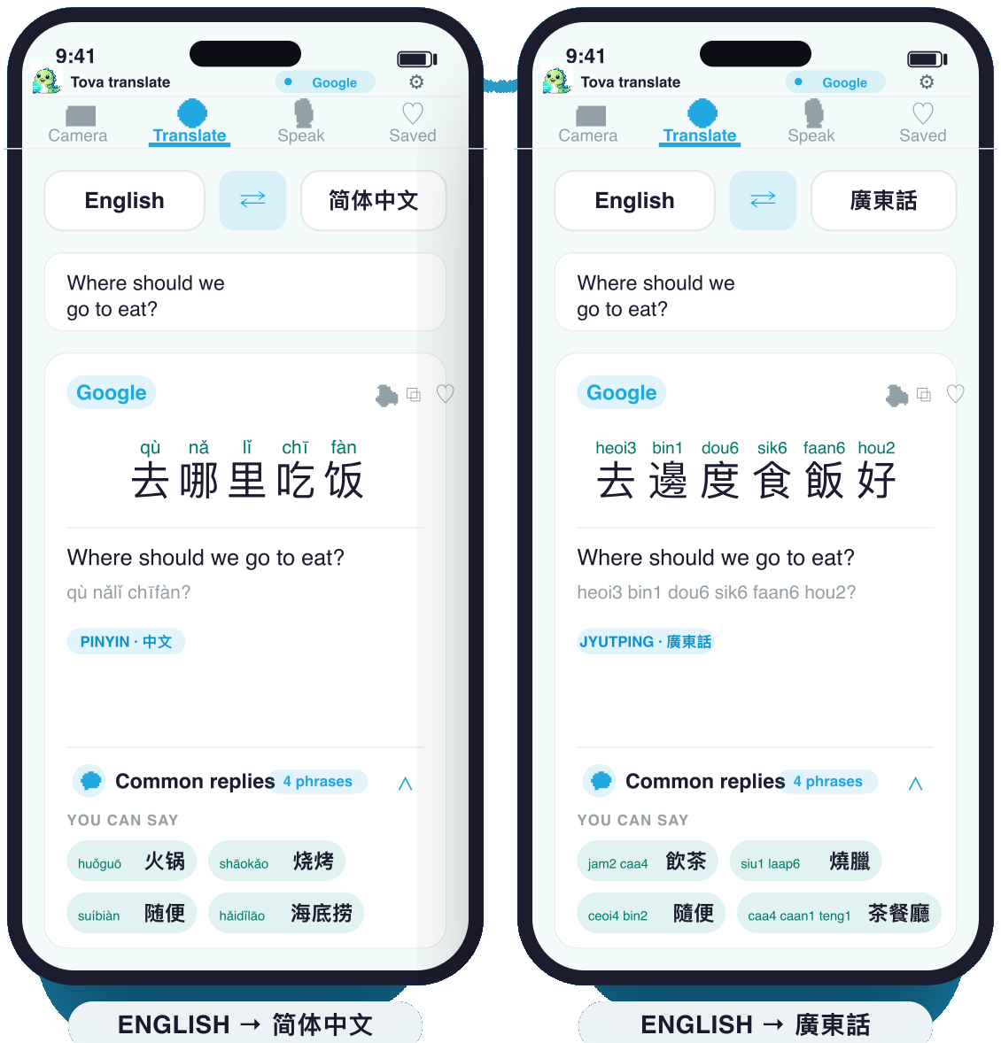 Tova screenshot — same English question in Mandarin with Hanyu Pinyin and Cantonese with Jyutping, side by side